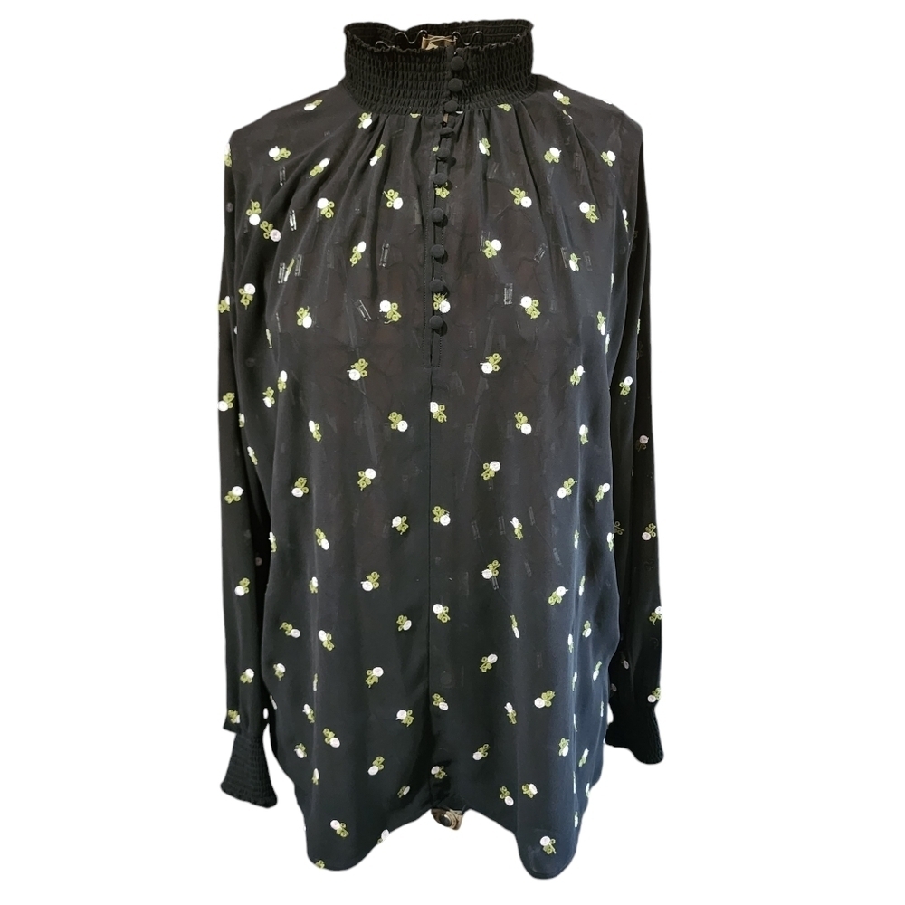 cabi Sheer Black Blouse with Embroidered Flowers Size Small